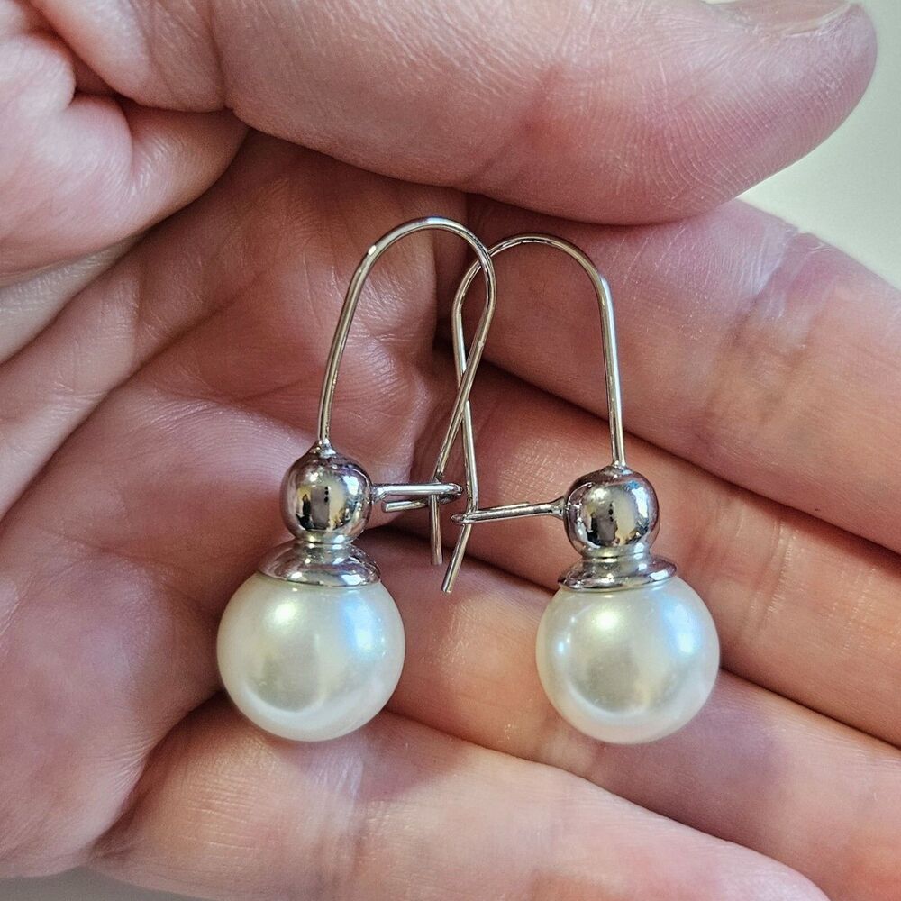 Silver Tone Large Faux Pearl Dangling Earrings